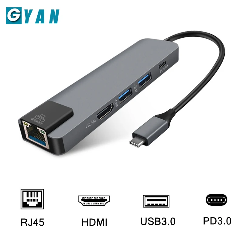 

5 in 1 USB C Hub Hdmi 4K USB C Hub to Gigabit Ethernet Rj45 Lan Adapter for Mac book Pro Thunderbolt 3 Type c Docking station
