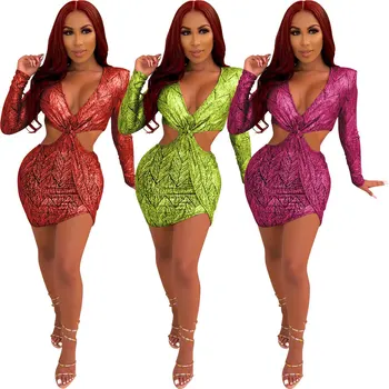 

Sexy Hollow Out Bandage Dress Long Sleeve Vintage Dress Deep V Neck Evening Party Dresses Diamond Lattice Mini Dress Vestido