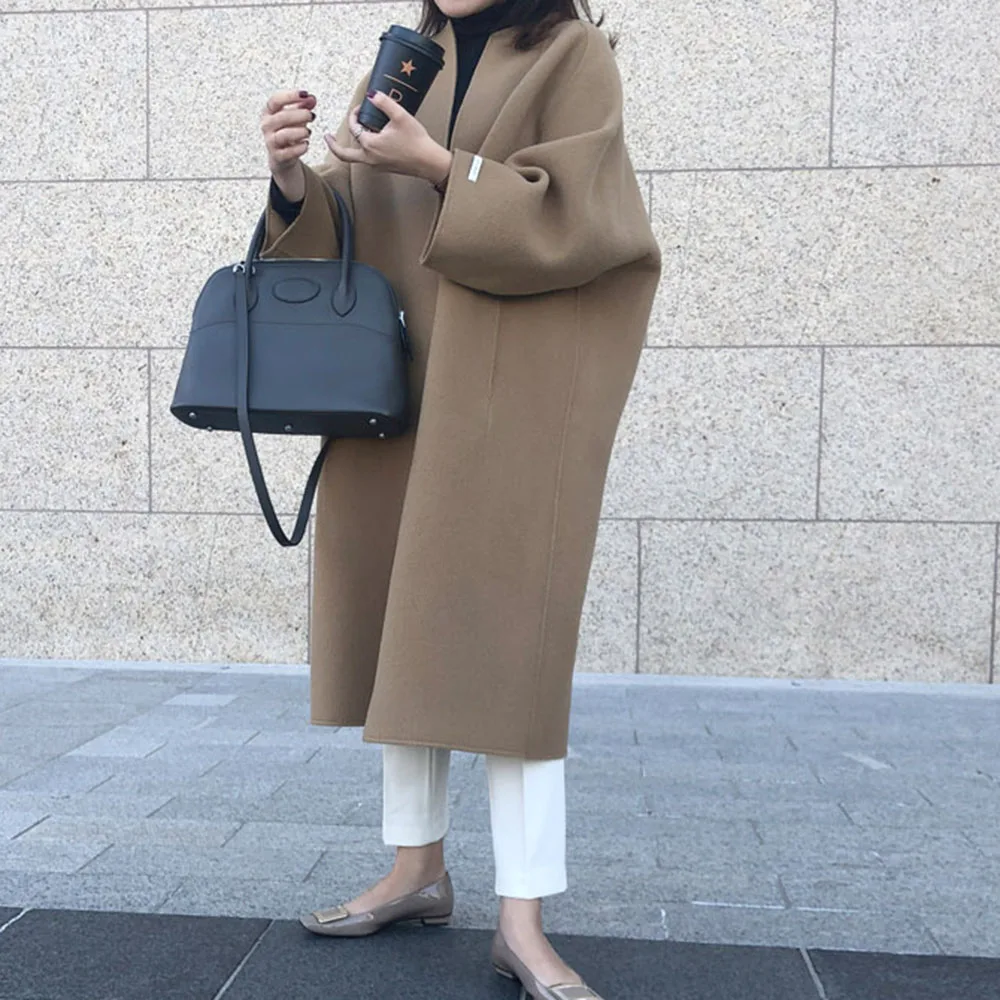

Woolen Coats Women 2020 Coffee Color Long Loose Slim Elegant Collarless Fashion Casual Female Autumn Winter Warm Wear Thick