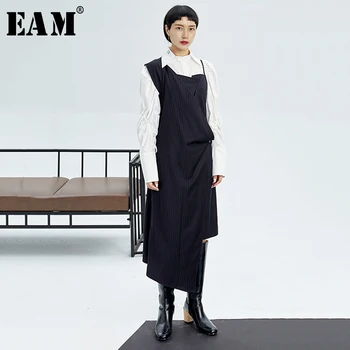 

[EAM] Women Striped Pleated Long Dress New Asymmetrical Collar Sleeveless Loose Fit Fashion Tide Spring Autumn 2020 1K724
