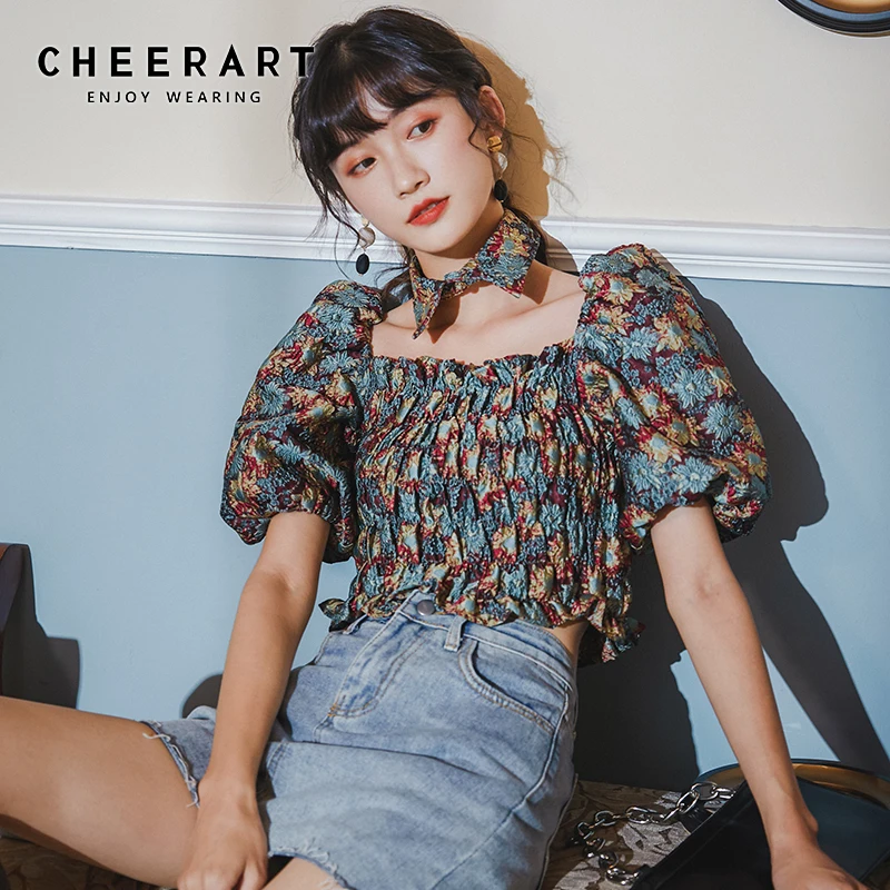 Женская винтажная блузка CHEERART укороченная с цветочным принтом