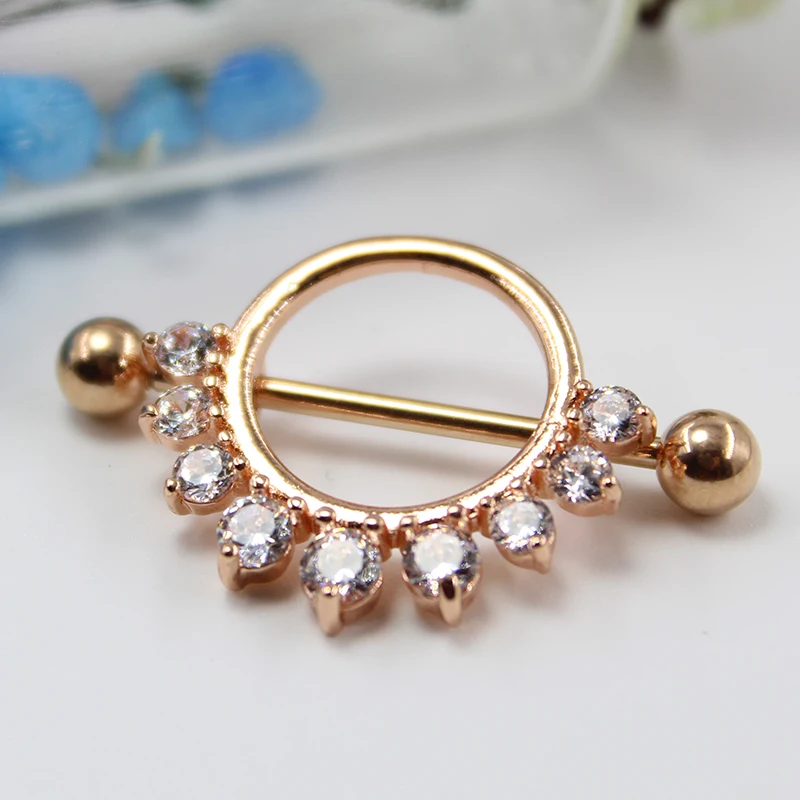 

1pc Round Nine Rhinestone Nipple Piercing Stainless Steel Rose Gold Nipple Rings Body Jewelry Sexy Luxury Nipple Bar Barbell