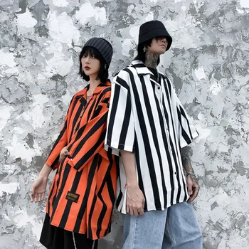 

new Popular Brand Vertical Striped Half-Sleeve Shirt Men's Summer Girls Lazy Wind Loose Lapel Half-Sleeve Shirt
