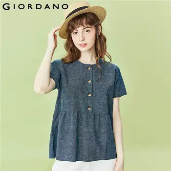 

Giordano Women Shirts Linen Cotton Lotus Hem Half Placket Blouse Regular Fitting Summer Soild Blusa Feminina 05340015
