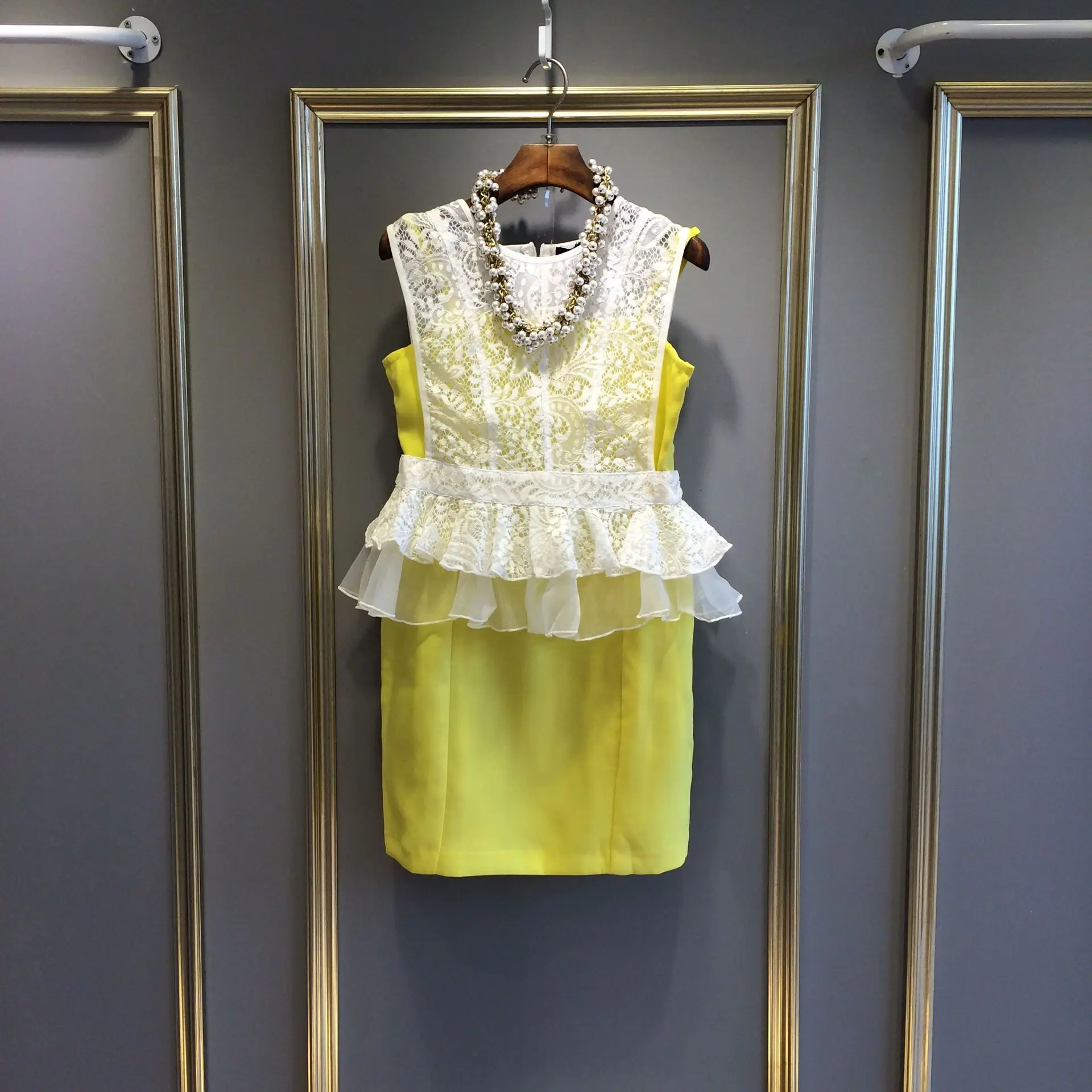 

2019 Spring New Style Europe And America High-End Skirt Yellow Piece Organza Wear Slim Dress