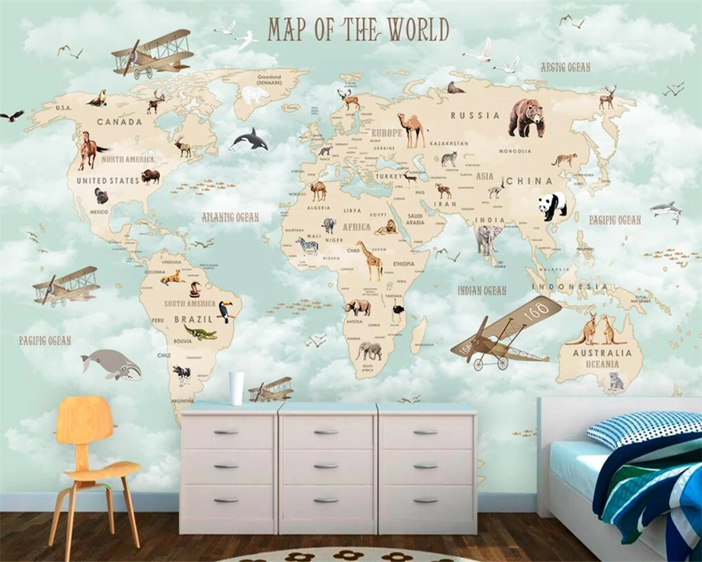 

wellyu Custom Children Room Wall 3d Wallpaper Cartoon Airplane Sailing Animals World Map Background Wall 3d wallpaper tapety