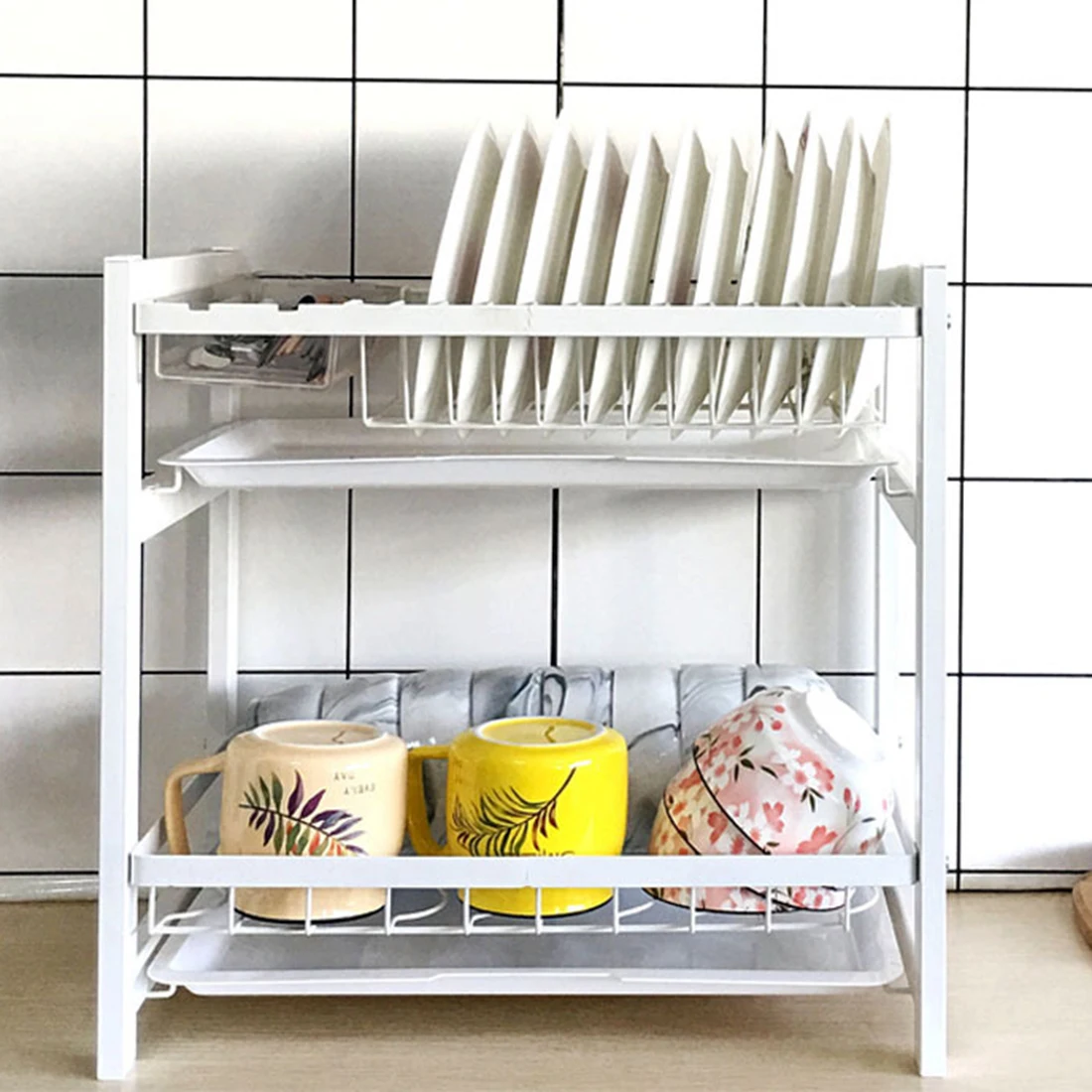 

Wrought Iron Dish Storage Stand Rack Drain Water Shelf for Kitchen - White