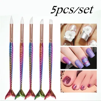 

5Pcs/set Mermaid Gradient Nail Art Brush Silicone Head Sculpture Acrylic UV Gel Tips Carving Emboss Shaping Nail Tips Brush Tool