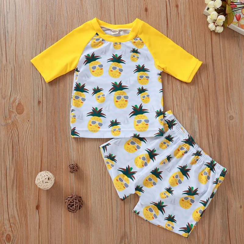 

2020 Swimwear Fashion cute Two-Piece Long Sleeve Shorts Boys Pineapple Print T-Shirt Swimsuit Swimming Pants