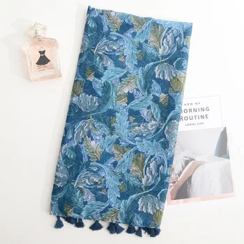 

2019 new thin cotton linen scarf blue-green leaves printed tassan tanning silk towel beach towel woman