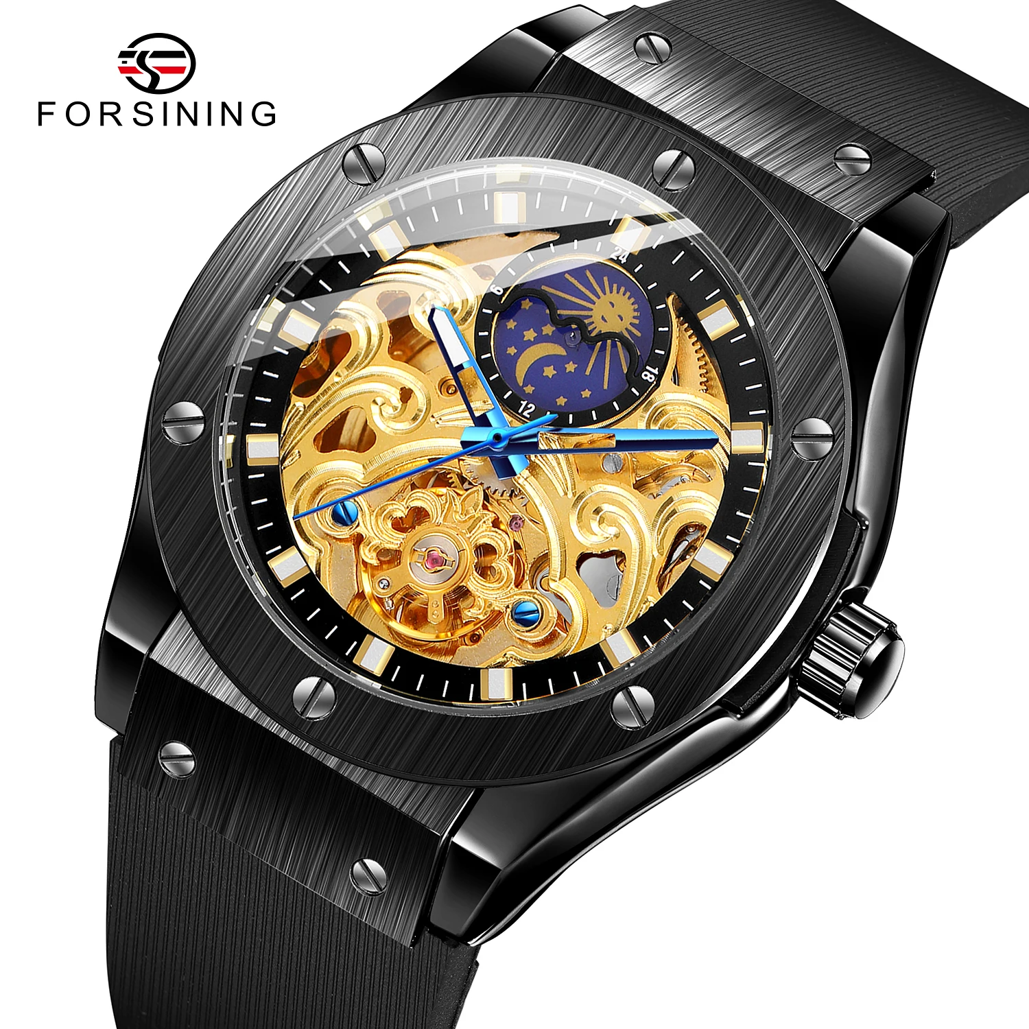 Forsining Men Moon Phase Automatic Mechanical Wrist Watch Causal Rubber Strap 3Bar Waterproof Luminous Hands for Man reloj | Наручные