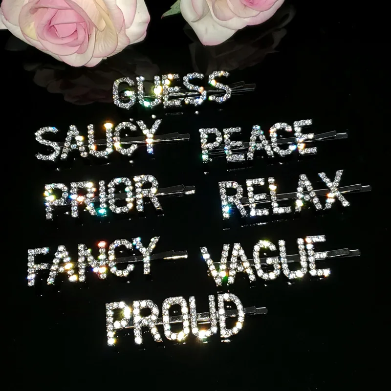 

Crystal Word Hairclips "SAUCY,PEACE,PRIOR,RELAX,FANCY,VAGUE,PROUD" Blingbling Letters Hairpins Hot Hair Accessories WHOLESALE