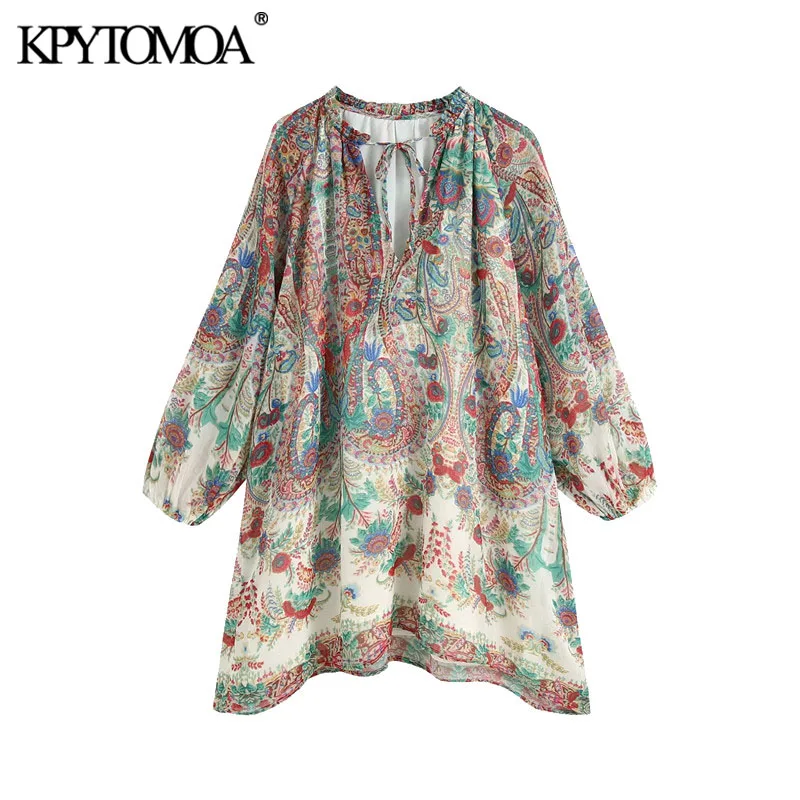 KPYTOMOA Women 2020 Chic Fashion Printed Loose Mini Dress Vintage V Neck Lantern Sleeve With Lining Female Dresses Vestidos KPYTOMOA Women 2020 Chic Fashion Printed Loose Mini Dress Vintage V Neck Lantern Sleeve With Lining Female Dresses Vestidos
