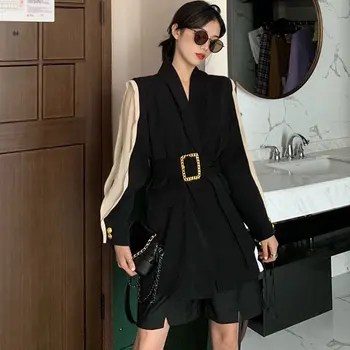 

Loose Fit Black Spliced Hit Color Belt Jacket New Lapel Long Sleeve Women Coat Fashion Tide Autumn Winter