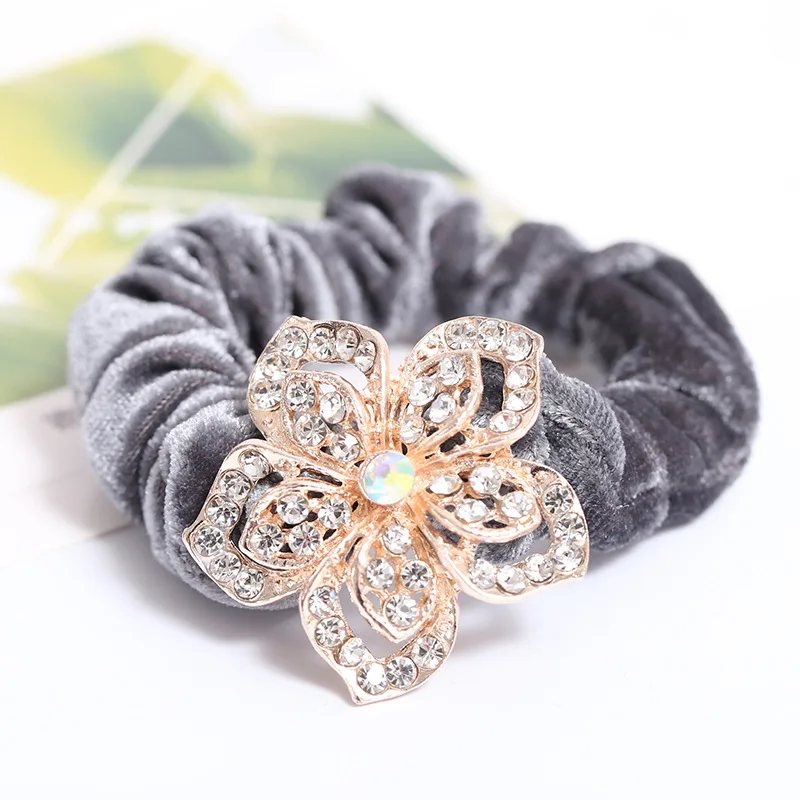 Простые бархатные резинки для волос, украшенные выемками, сплав, стразы, цветок, Винтаж, конский хвост для женщин, для волос, булочка, веревки