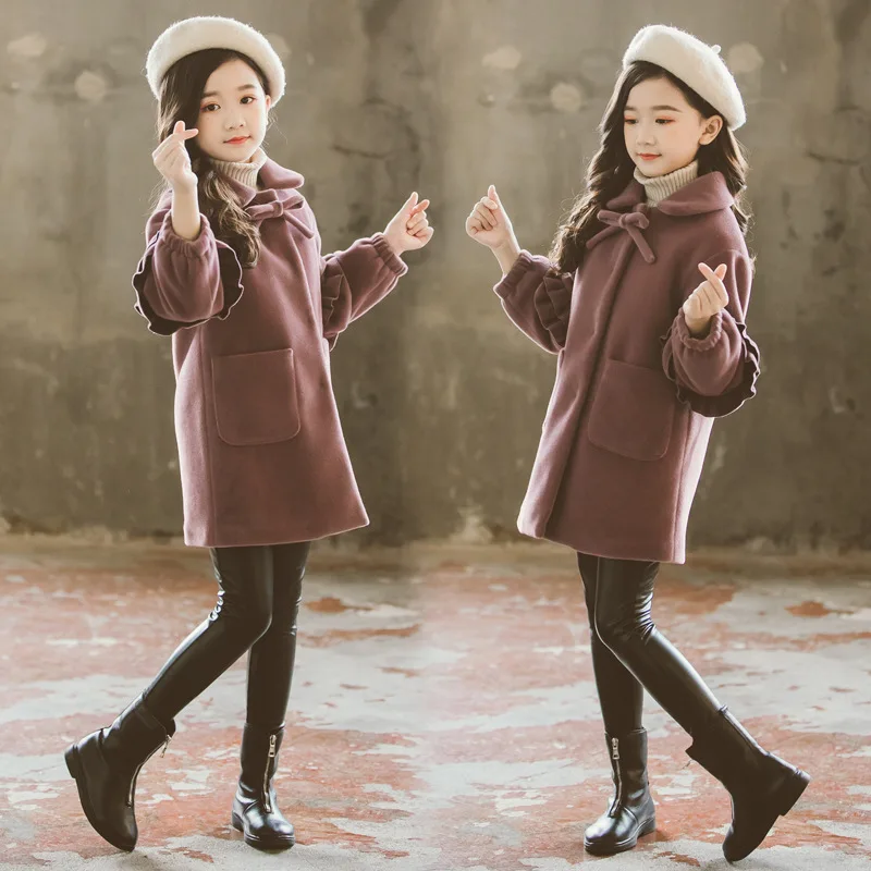 Новая зимняя одежда для девочек, утепленная шерстяная куртка, верхняя одежда, детский длинный теплый плащ, Детская верхняя одежда