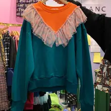 Корейский стиль, женские толстовки с капюшоном, осень, женский кружевной пуловер с вырезом лодочкой, кружевной пуловер с длинными рукавами для девочек