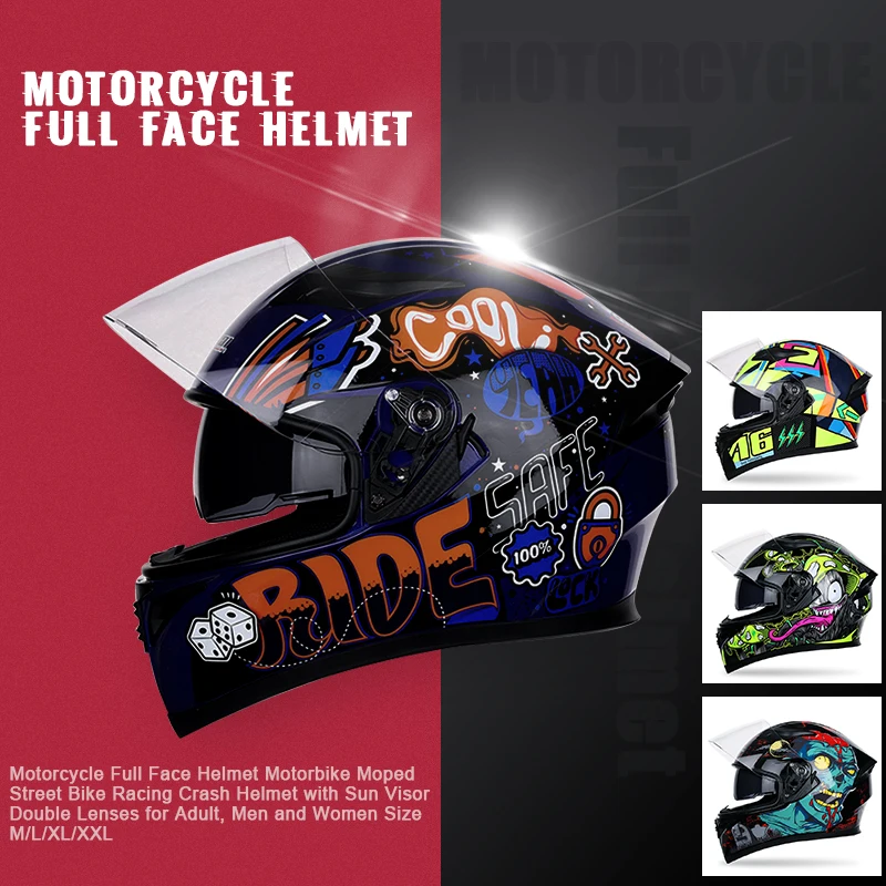 Adult's Motorbike Full Face Safety Adjustable Helmet Motorcycle Large size One-piece Molded with Sun Visor Double Lenses | Спорт и