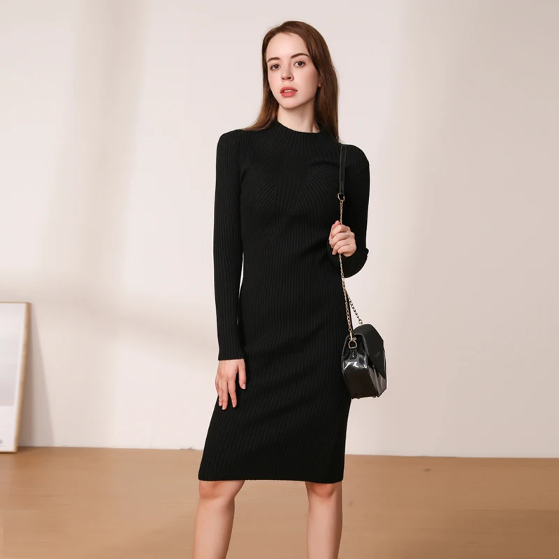 Midi Dress Winter Knitted Sweater Casual Women's Dresses Ladies Clothing Clothes Korean Fashion Robe Elegant Black Tight