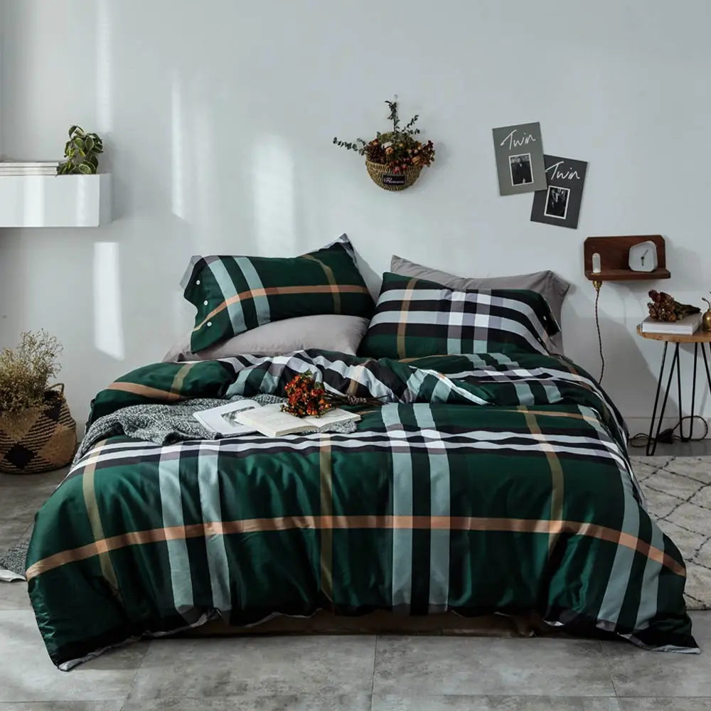 

Dark Green Plaids Stripes Brief Duvet Cover Set Flat Sheet High Count Egyptian Cotton Bedlinens 4pcs Queen King Size Bedding Set
