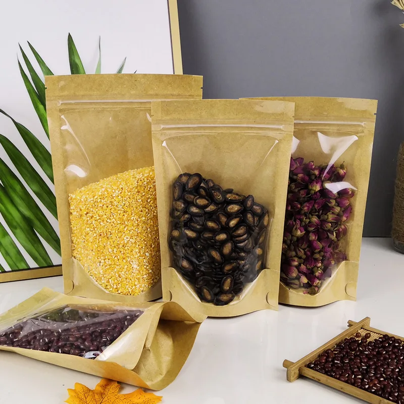 

100pcs Thick Zip Lock Kraft Gift Bags Stand Up Clear Front Kraft Paper Package Bag for Food Coffee Bean Powder Storage Bag