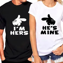 He's Mine I'M Her Letter Print парная футболка с короткими рукавами и круглым вырезом свободная футболка для любителей вина Летняя женская футболка Топы
