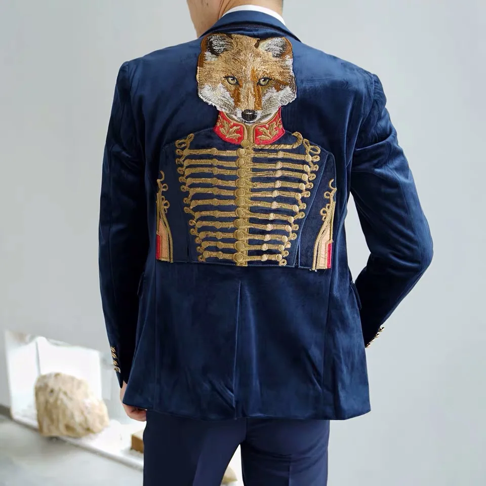 

Blazer Suit Jacket Fashion Velvet Embroidery Print Blazer Hombre Brand New Casual Slim Fit Single Button Stage Wedding Coat