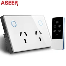 AU утвержден ASEER Универсальный умный разъем питания 15А, многофункциональная настенная розетка с пультом дистанционного управления, черное закаленное стекло розетка