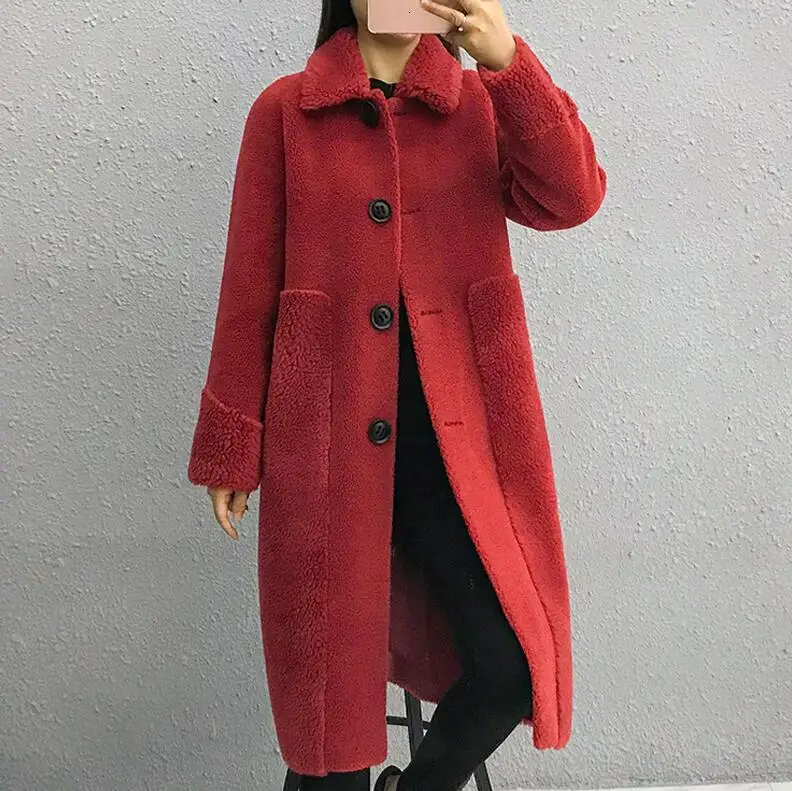 Faux Women Fur Coats Autumn and Winter Thick Warm Long Double-faced Fur jacket vintage Single Breasted Wool Overcoat womens - Цвет: 1