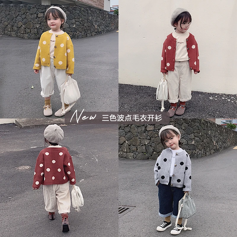 Детская осенняя одежда для маленьких девочек от 1 до 3 лет, вязаный кардиган, пальто, свитера в горошек, Детский Теплый шерстяной свитер, верхняя одежда
