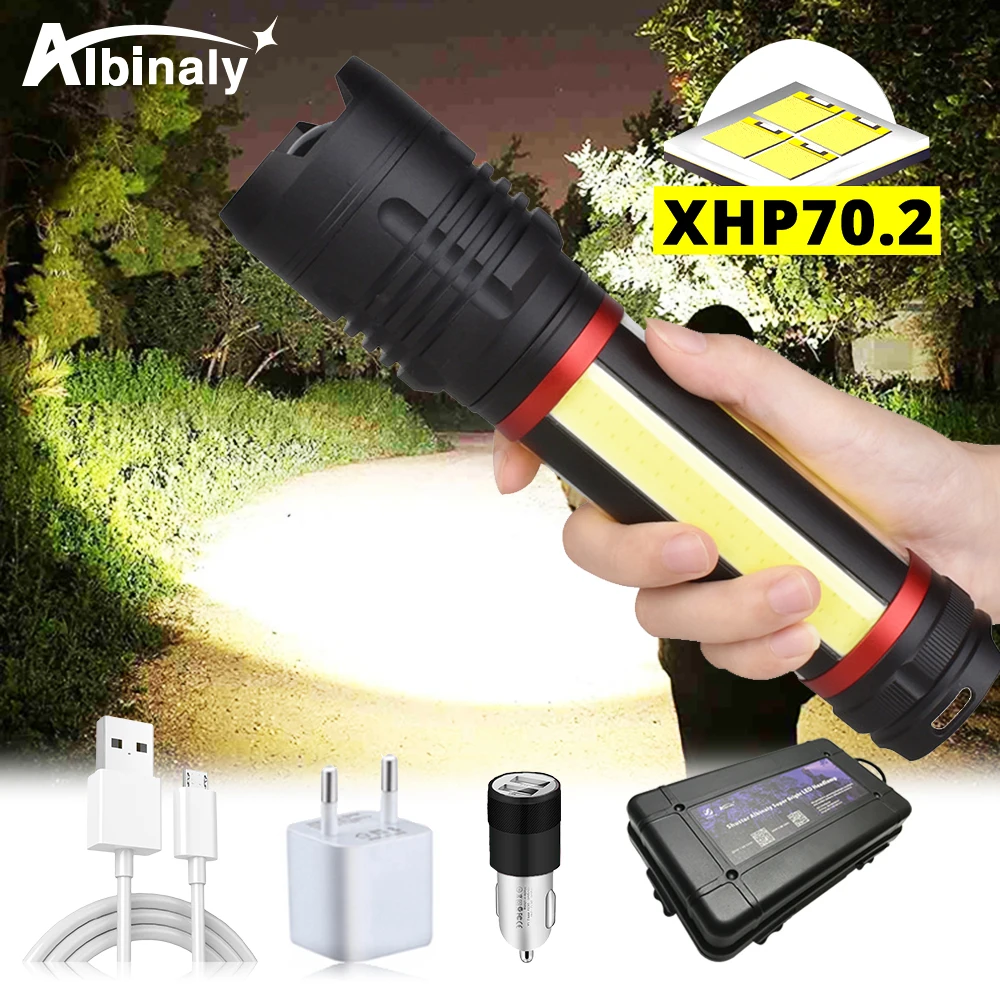 

Super bright XHP70.2 LED Flashlight With 4 x COB Light Built-in 5000mAh lithium battery 7 lighting modes Zoomable waterproof