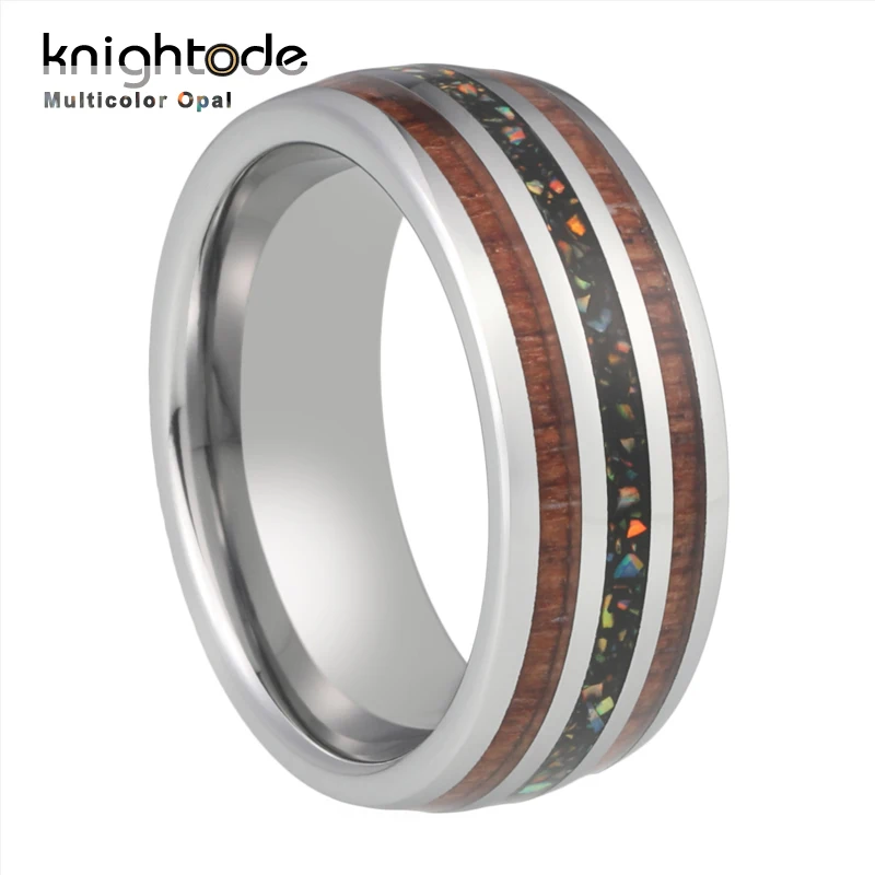 

8mm Tungsten Rings For Men Women Wedding Bands Real Multicolor Opal/Abalone Shell Chip Koa Wood Inlay Domed Polished