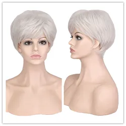 SuQ Women Classical Short Sliver Wig Hair Synthetic Natural Sliver White Cosplay Heat Resistant Daily Wigs For Women