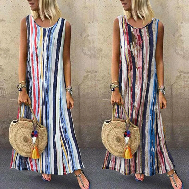 

Fashion Boho Summer Women's Sleeveless V-neck Striped Hem Baggy Kaftan Ladies Casual Loose Maxi Long Dress Sundress