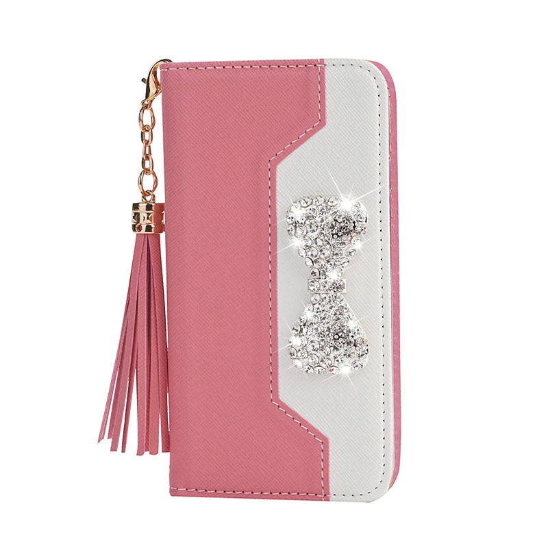 

High Grade Leather Flip Flash Drilling Bow Tassel Phone Case For iPhone XR 7 7plus 6 6S for iPhone 8 8plus X XS MAX TPU Cover