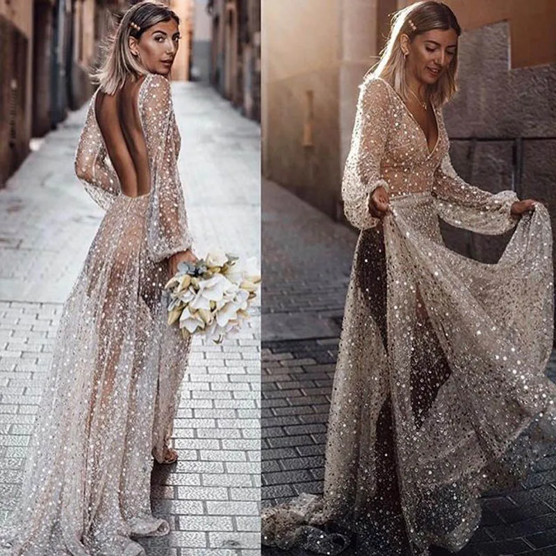Sexy Club Wear White Dress 2020 Women Deep V Neck Backless Long Sleeve Sequin Maxi Party Dress Vestidos Female New Sexy Club Wear White Dress 2020 Women Deep V Neck Backless Long Sleeve Sequin Maxi Party Dress Vestidos Female New
