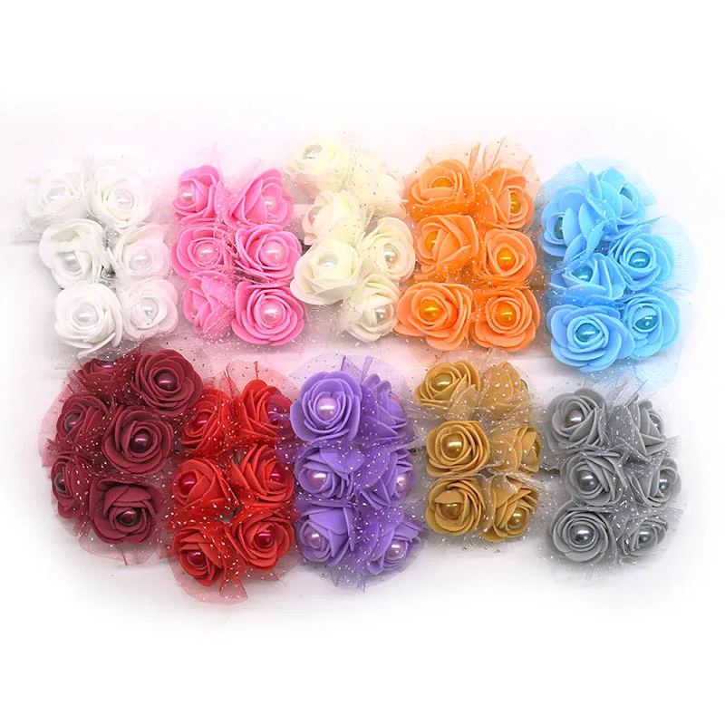12pcs/lot 3cm Foam Mini Roses Pearl Bead Rose Artificial Flowers DIY Crafts for Wedding Decoration Bouquet Scrapbooking Supplies