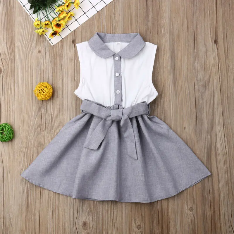 

Summer Girl Dress Elegant Girls Kids Belted Sleeveless Swing Skater Dress Doll Collar Party Dresses 0-4Y