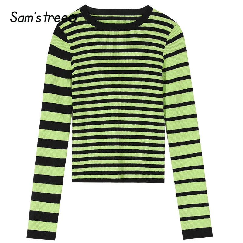 SAM'S TREE Green Stripe Skinny Pullovers Women Sweaters Winter Fashion Female Irregular Sleeve Leisure Office Ladies Tops