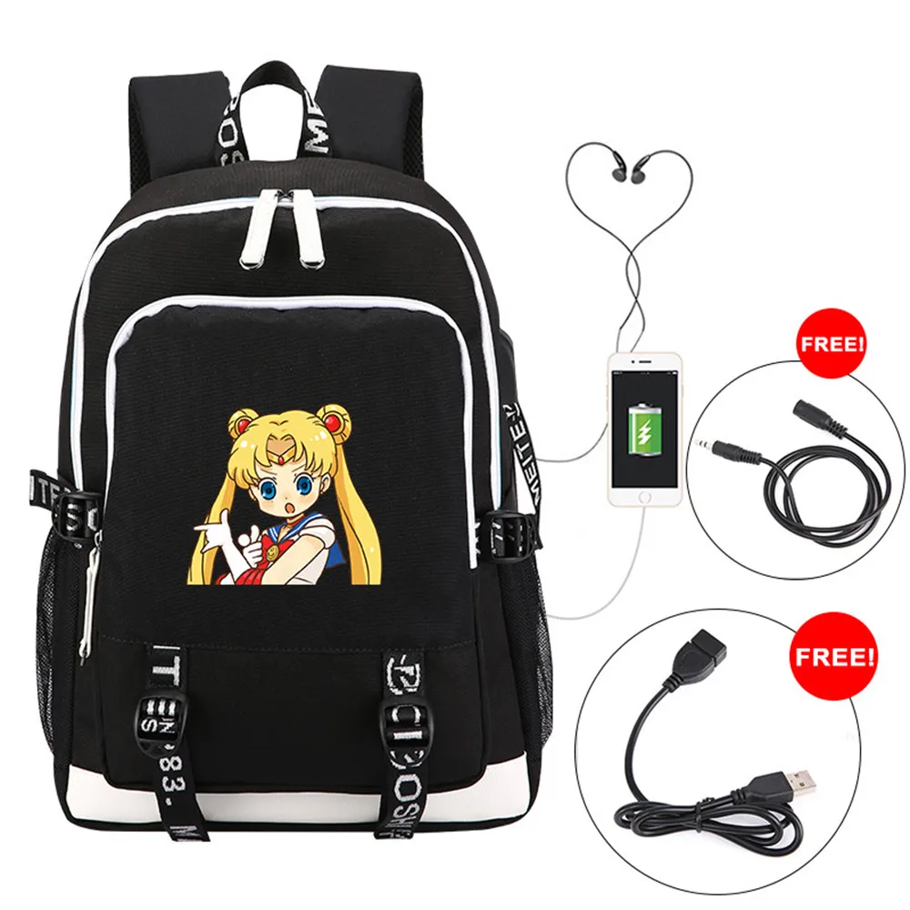 

Sailor Moon Crystal Anime Backpack Multi-function USB Charging for Student Girls School Bags Travel Luminous Bag Laptop Pack
