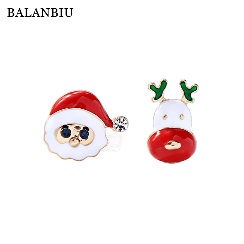 BALANBIU, рождественские серьги-гвоздики для женщин, праздничные подарки, красные и белые эмалированные кристаллы, милый Санта Клаус, лось, асимметричная модная драгоценность
