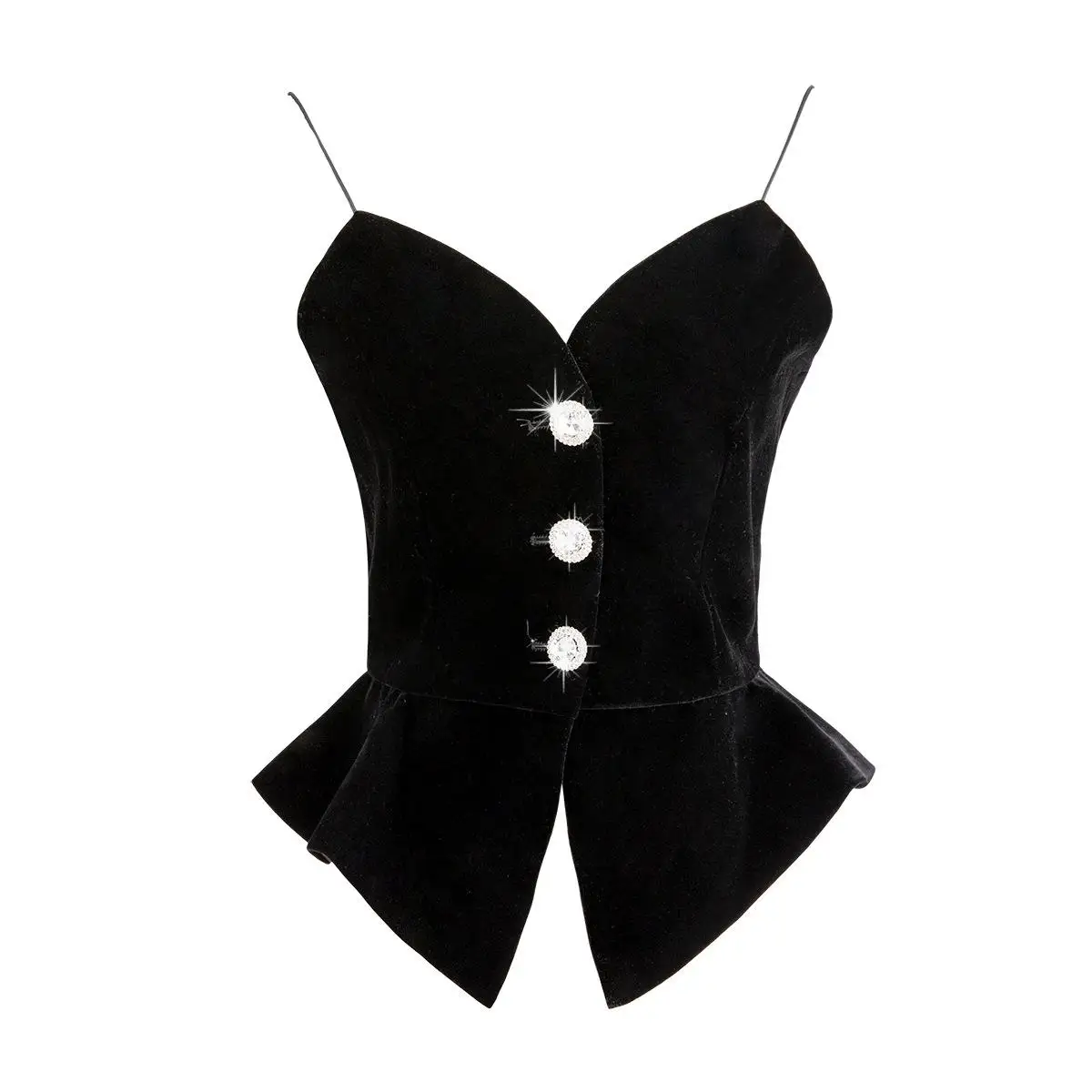 Getвесенний женский укороченный топ с алмазными рюшами, велюровые укороченные топы для женщин с v-образным вырезом, винтажные универсальные пикантные Короткие топы черного цвета, новая мода - Цвет: Black