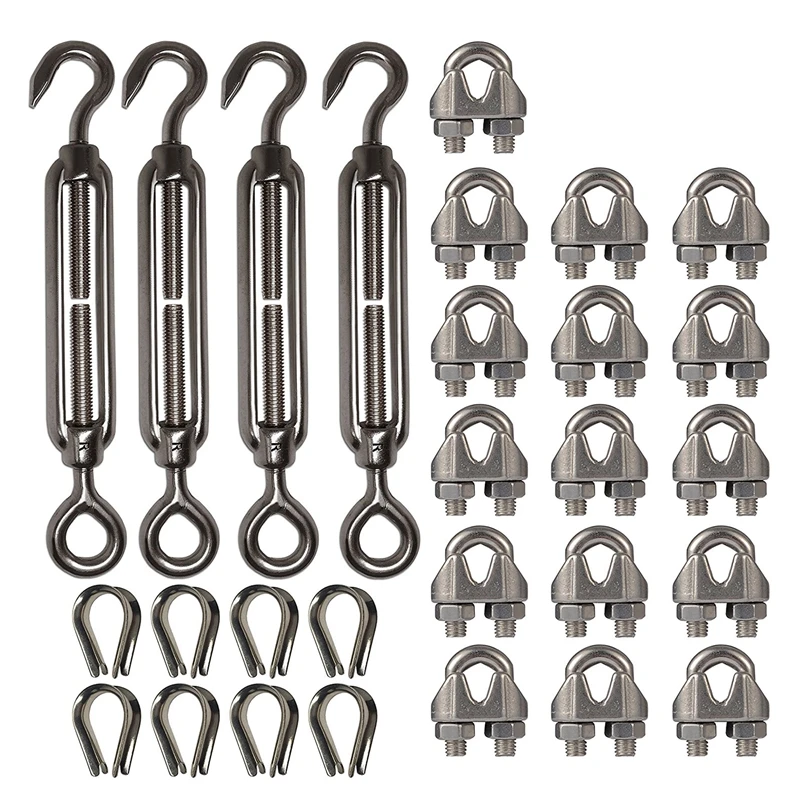

4-Pcs Turnbuckle/Tension(Eye&Hook, M6), 16-Pcs 1/8 Inch Wire Rope Cable Clip/Clamp(M3), 8-Pcs Thimble(M3), Stainless Steel Kit