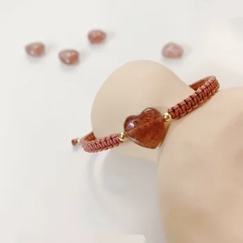 

Natural Strawberry Crystal Heart Bracelets Hand-woven Heart Shape Carrying Strap Bracelet