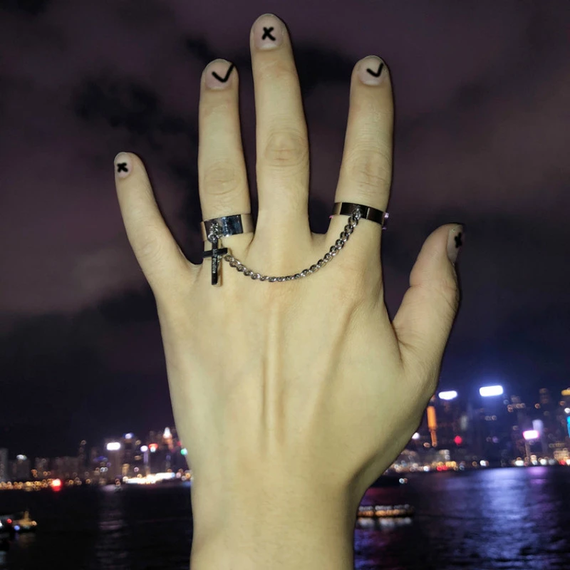 Chapado Retro Punk Hip-Hop Anillo cruzado Mano Cadena de dedo Anillos Chapado Retro Punk Hip-Hop Anillo cruzado Mano Cadena de dedo Anillos