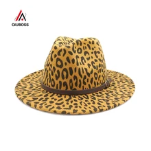 QIUBOSS унисекс простой пояс с леопардовым узором Пряжка Декор австралийская шерсть фетр Джаз Fedora шляпа для мужчин и женщин плоские полями Панама шляпка для официальных мероприятий