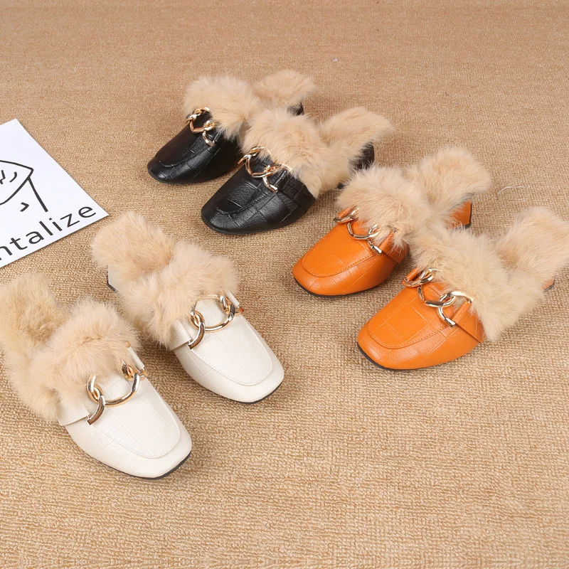 

Shoes Women Falts Square Toe Fur warm Zapatos de mujer Shallow Slip on Solid Buckle solid casual shoes Cow Suede