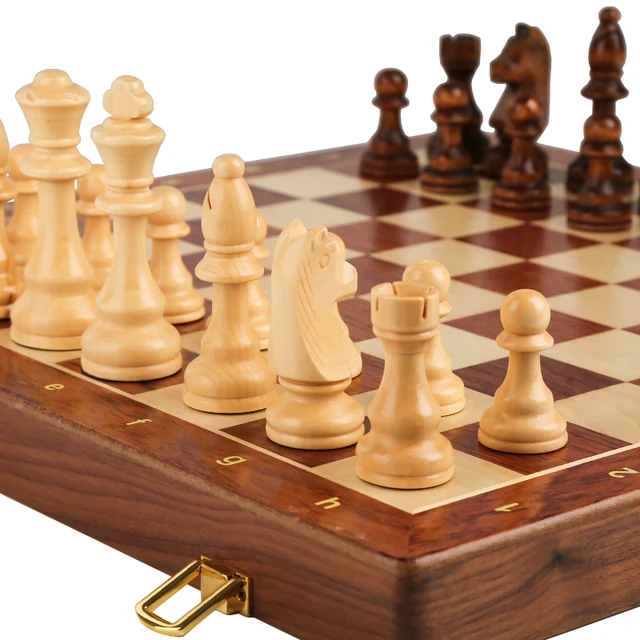 Jeu d'échecs pliant en bois de qualité supérieure, grand travail manuel classique traditionnel, pièces en bois massif, échiquier en noyer, cadeau pour enfants, jeu de société 2