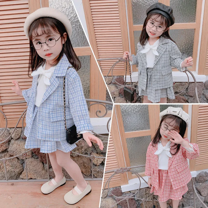 

2020 Spring New Style Korean-style Casual Fashion Plaid Small Suit Three-piece Set Medium-small Girls CHILDREN'S Suit