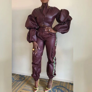 

Puff Long Sleeve Fashion Pants Two Piece Sets Zipper Casual Crop Top Coat+Trousers Purple Outfits Women Matching Sets 2019 2PCS